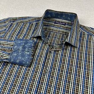 Marco Brunelli Shirt Men's Large Button Up Blue Checked Flip Cuffs